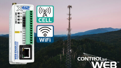 A ControlByWeb X-412 is superimposed over a photograph of a cell tower at sunset.