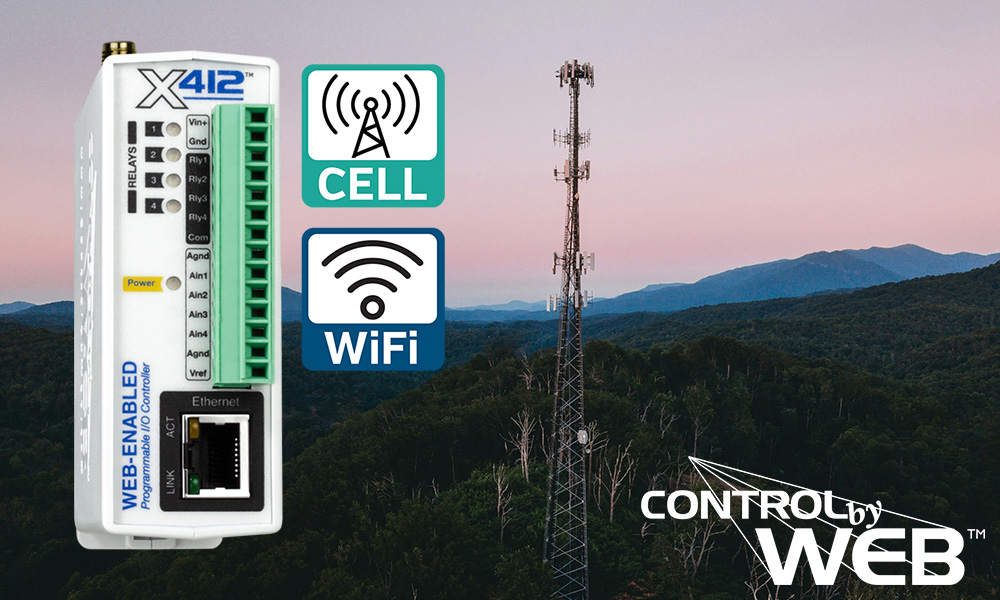 A ControlByWeb X-412 is superimposed over a photograph of a cell tower at sunset.