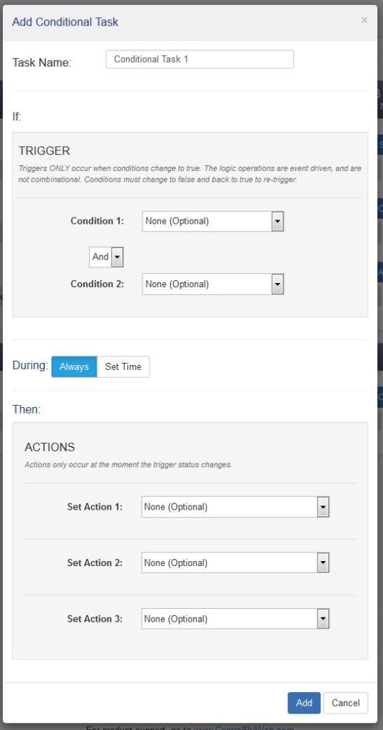 400 Series Control/Logic Conditional Tasks Setup Window