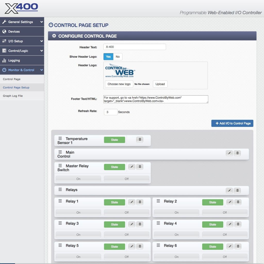 400 Series Control Page Setup Window