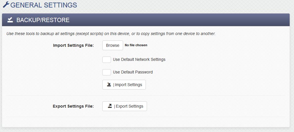 400 Series Backup/Restore Settings Page