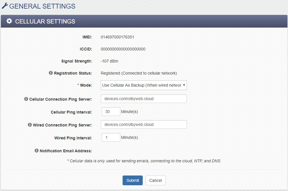 400 Series Cellular Settings Page