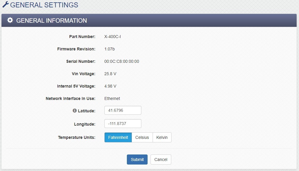400 Series General Settings Info Page