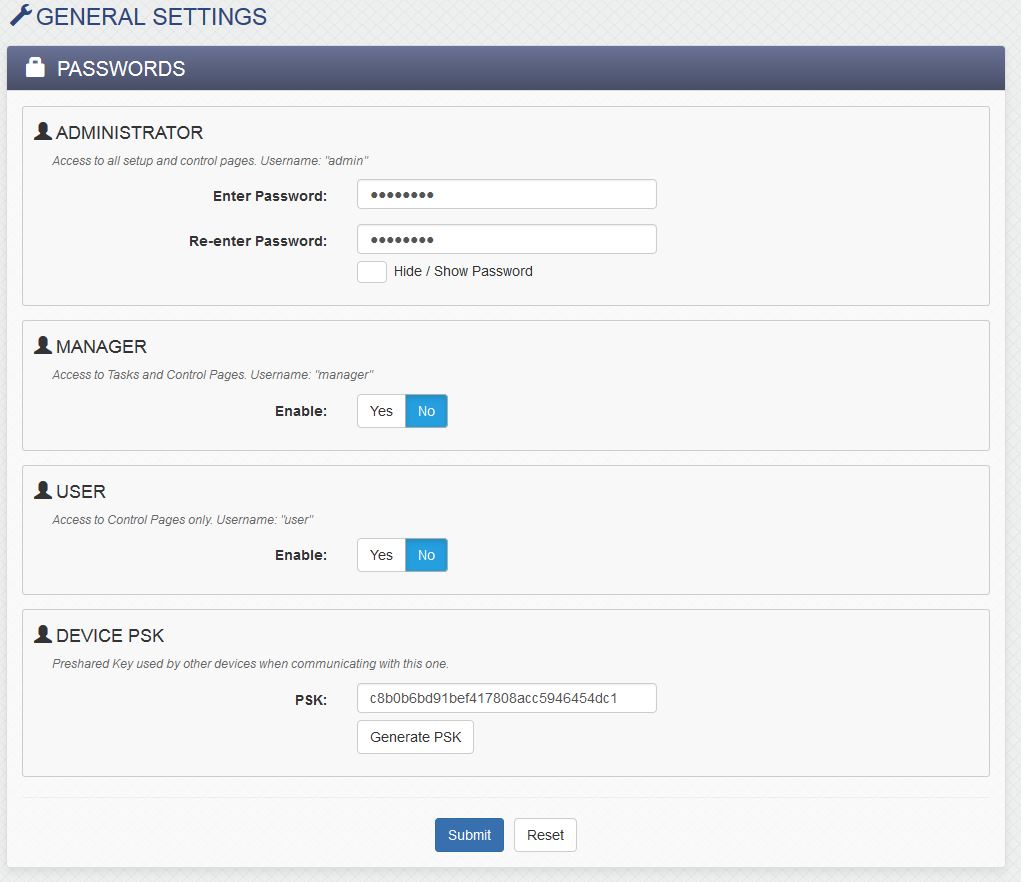 400 Series Password Settings Page