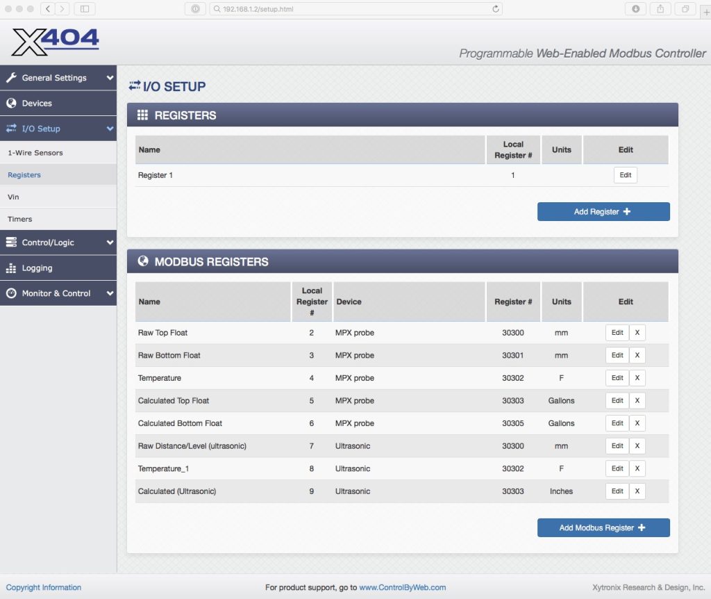 400 Series I/O Setup Modbus Window