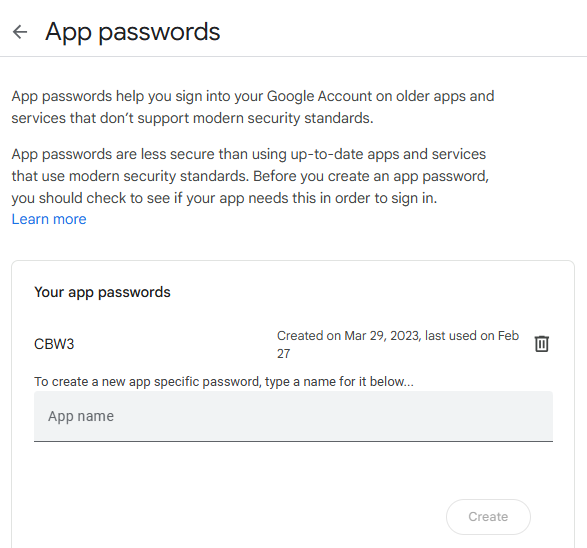 Gmail App Password List
