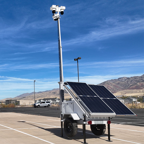A security camera trailer with solar panels used by Valorence