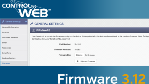 Screenshot of the ControlByWeb 400 Series platform General Settings that highlights the Firmware version. There are blue banners at the top and bottom with the ControlByWeb logo and "Firmware 3.12"