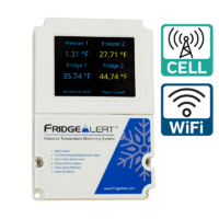 FridgeAlert temperature monitoring device with 3.5" touchscreen display, supporting multiple sensors and connectivity options