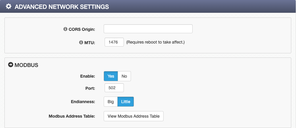 Advanced Settings Modbus  Settings