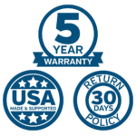 Trust Icons: 5 year warranty, 30 day return policy, Made and, supported in the U.S.A.