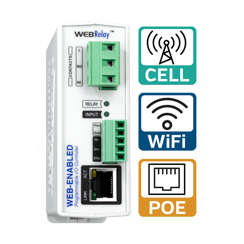 WebRelay single relay and input module with Ethernet, cellular, or WiFi connectivity