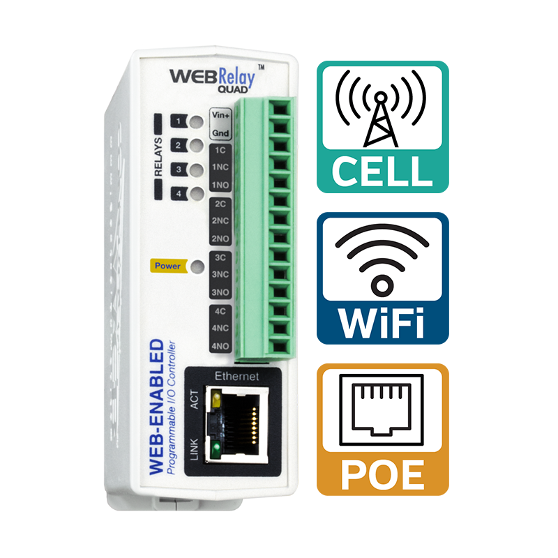 WebRelay-Quad device with 4 web-controlled relays for remote control with Celluar, Ethernet and, WiFi connectivity