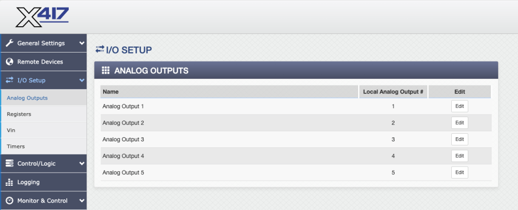 X-417 I/O Setup Analog Output Window