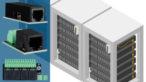 illustration of several server racks with temperature monitors daisy-chained to them. The ControlByWeb Quick-Connect Temperature Solution is superimposed over the illustration.